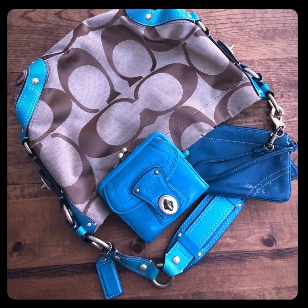 Coach Blue and Brown Shoulder Bag with Silver Hardware